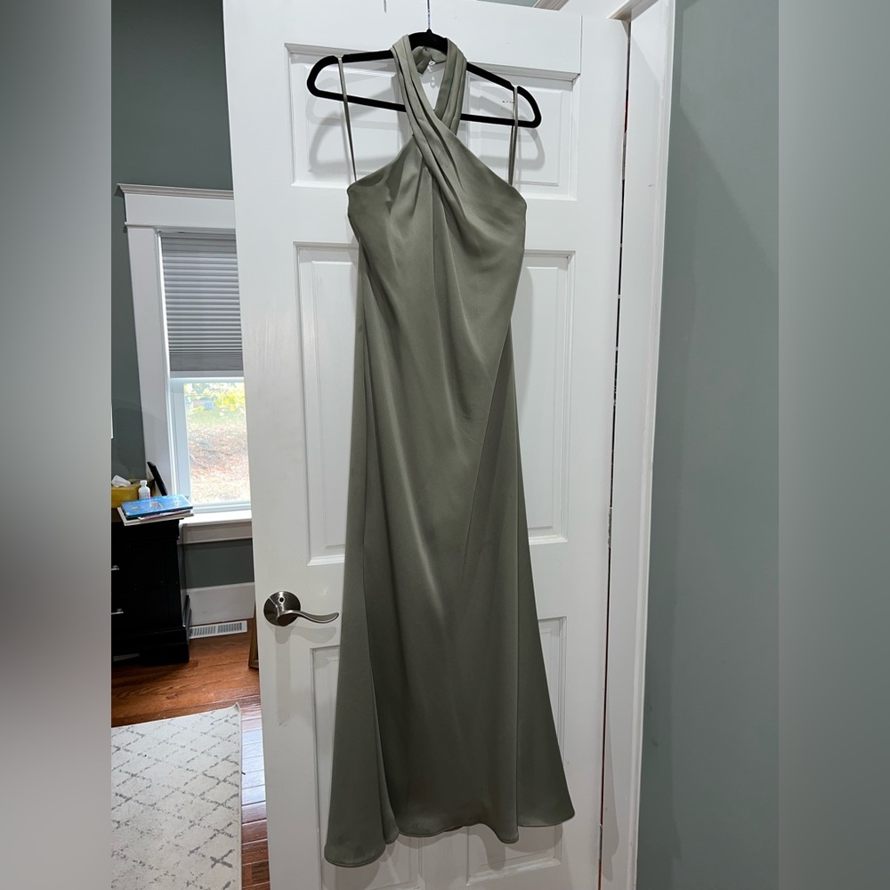 BHLDN Ruby Twist Halter Satin Gown - Moss, size 6